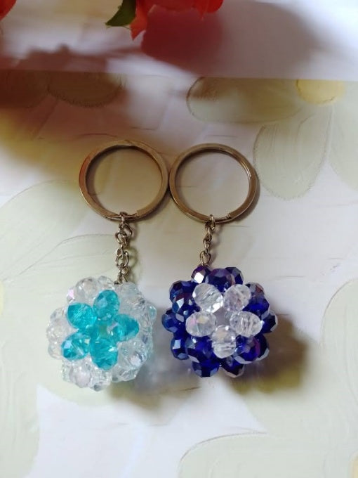 Handmade Beaded Flower Ball Keychain – Set of 2 | Aqua & Navy Crystal Design