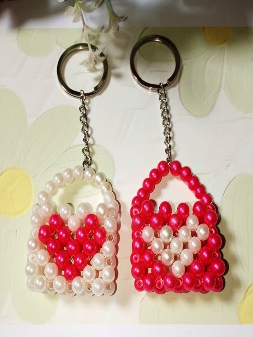 Heart Beaded Bag Keychain – Set of 2 (Pink & White Combo)