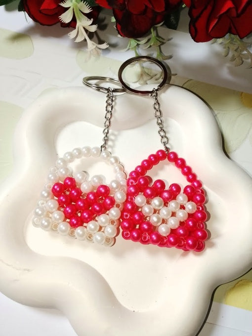 Heart Beaded Bag Keychain – Set of 2 (Pink & White Combo)