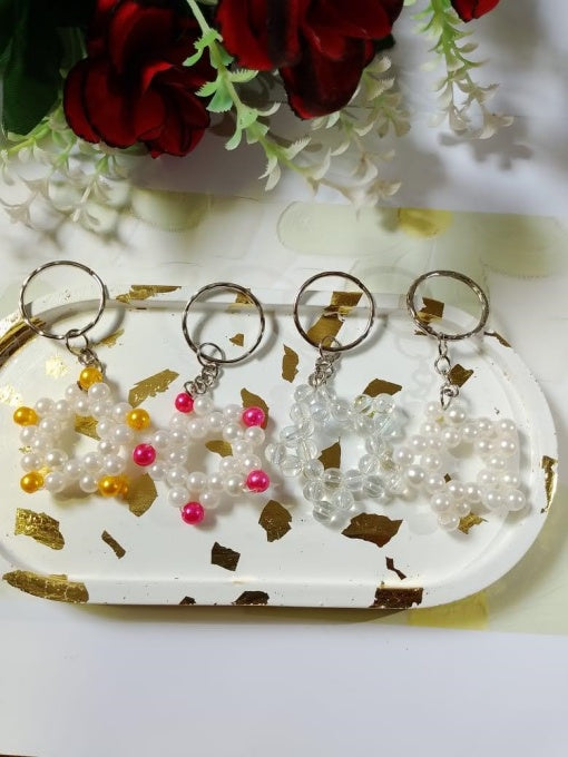 Handmade Beaded Snowflake Keychain Set – Crystal & Pearl Beads | Cute Bag Charm & Gift Ide