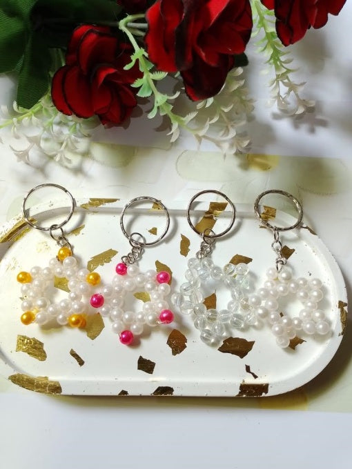Handmade Beaded Snowflake Keychain Set – Crystal & Pearl Beads | Cute Bag Charm & Gift Ide