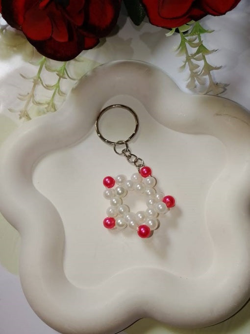 Handmade Beaded Snowflake Keychain Set – Crystal & Pearl Beads | Cute Bag Charm & Gift Ide
