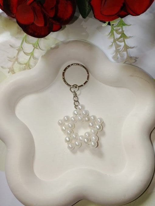 Handmade Beaded Snowflake Keychain Set – Crystal & Pearl Beads | Cute Bag Charm & Gift Ide
