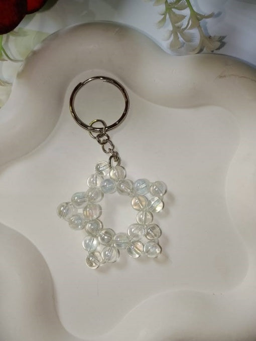 Handmade Beaded Snowflake Keychain Set – Crystal & Pearl Beads | Cute Bag Charm & Gift Ide