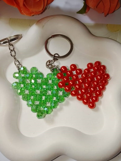 Handmade Beaded Heart Keychain – Red & Green Pair