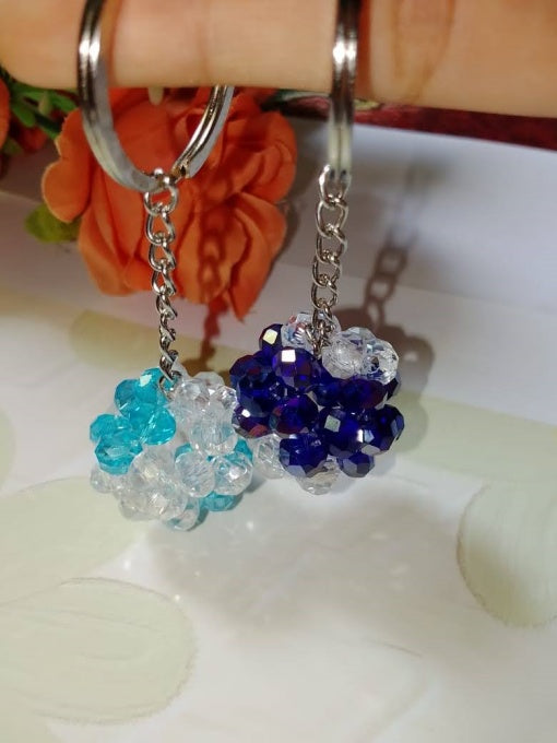 Handmade Beaded Flower Ball Keychain – Set of 2 | Aqua & Navy Crystal Design