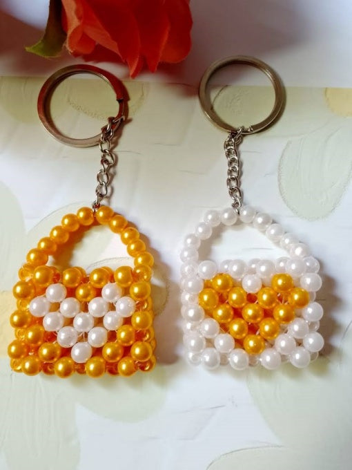 Heart Beaded Bag Keychain – Set of 2 (Yellow & White Combo)