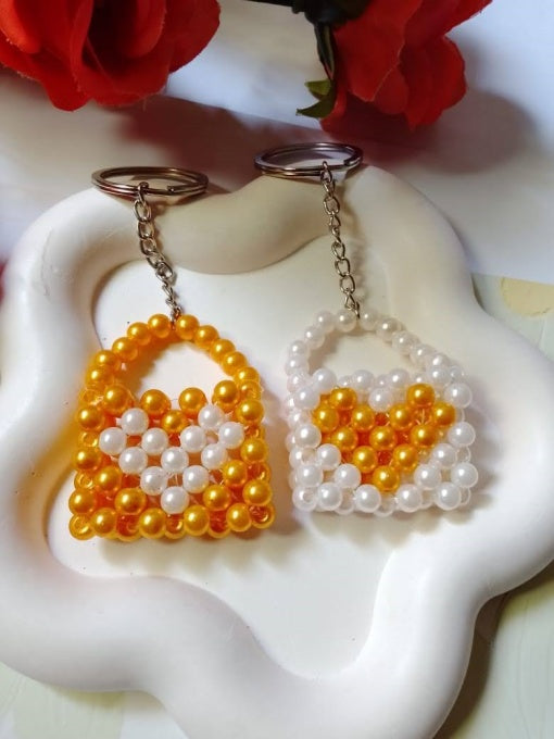 Heart Beaded Bag Keychain – Set of 2 (Yellow & White Combo)
