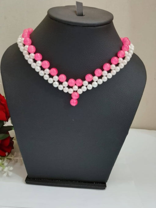 Pink And White Beaded Necklace